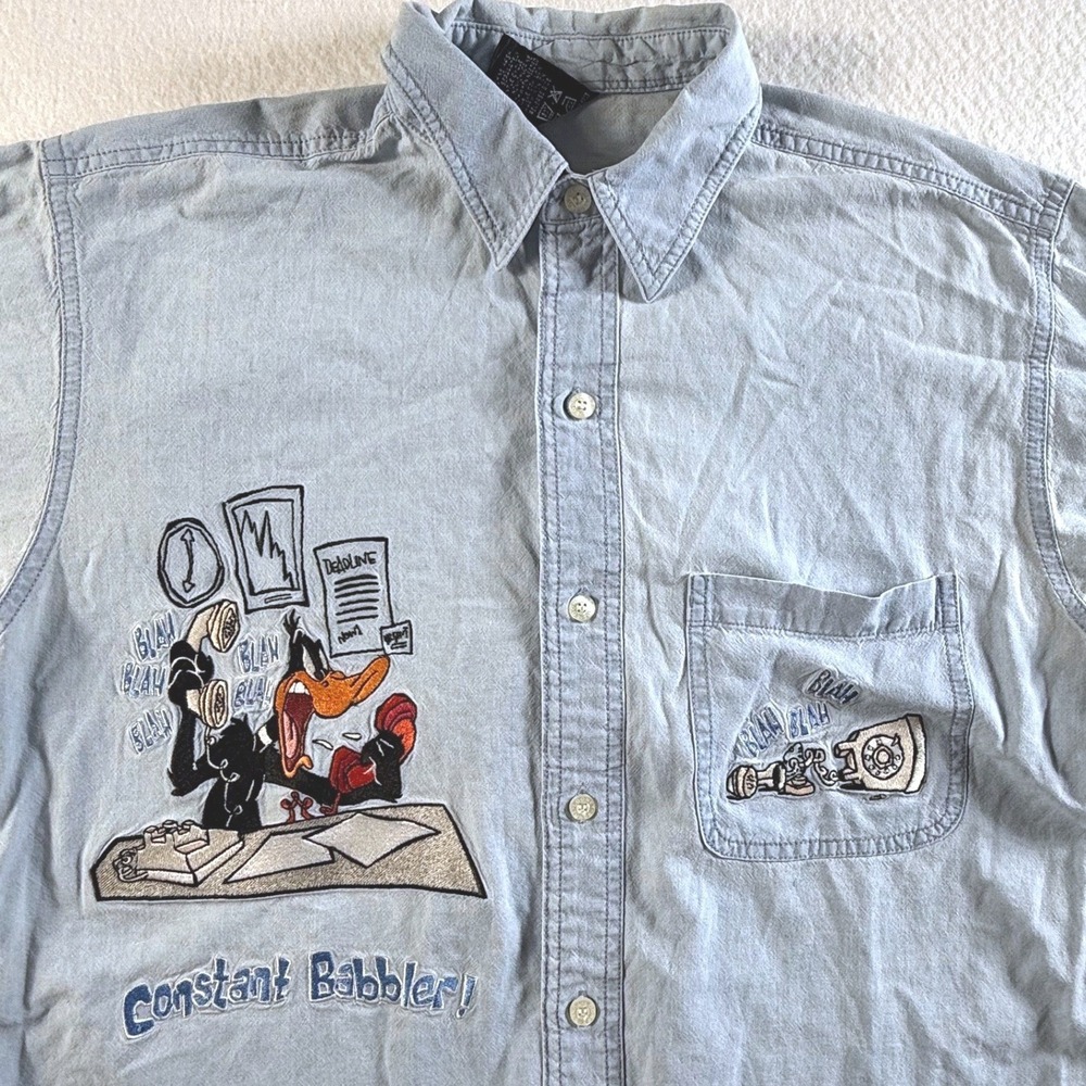 Warner Bros Daffy Duck‎ Embroidered Denim Button Down Unisex Blue Jean Big Shirt